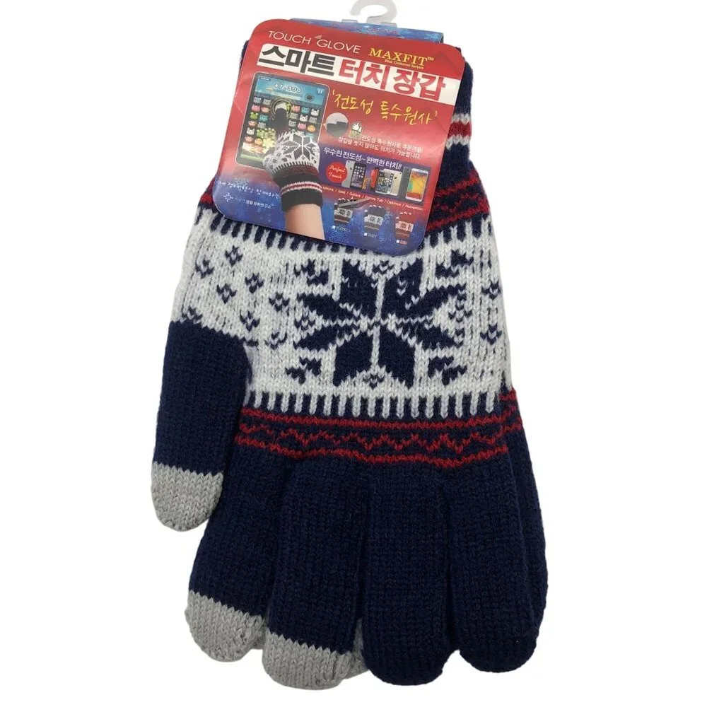 Hansun Smart Touch Winter Gloves Unisex One Size Navy‎ Fair Isle Korean Knit